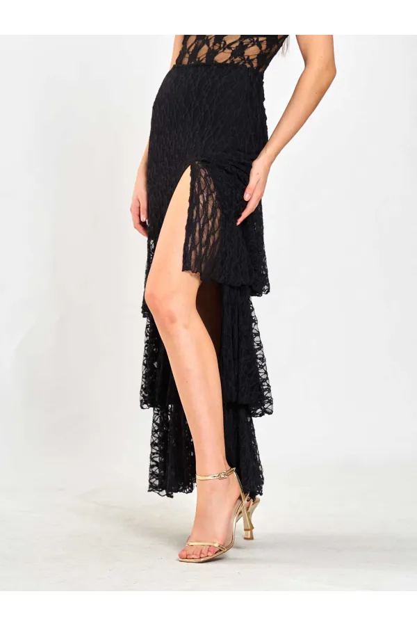 041177 Katlı Yırtmaçlı Dantel Etek