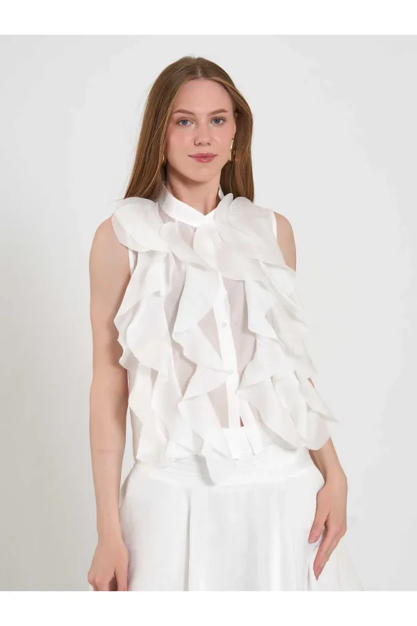 080774 Sleeveless Shirt with Ruffle Detail at Front