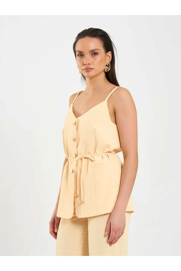 Gilet à col en V et ceinture à nouer à la taille 120743