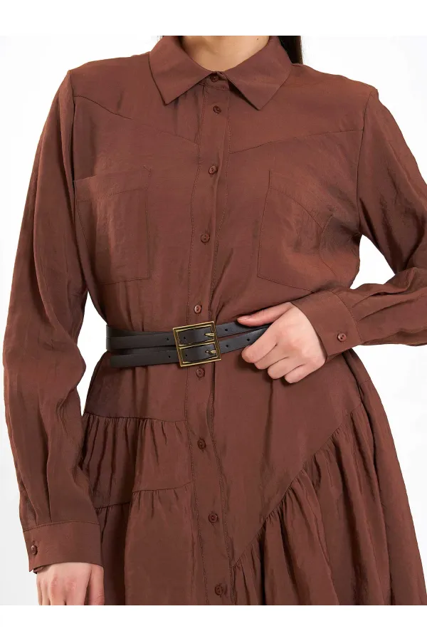 111703 Belted Ruffled Asymmetrical Dress