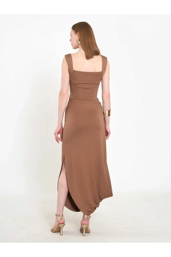 041197 Elastic Waist Asymmetrical Midi Skirt