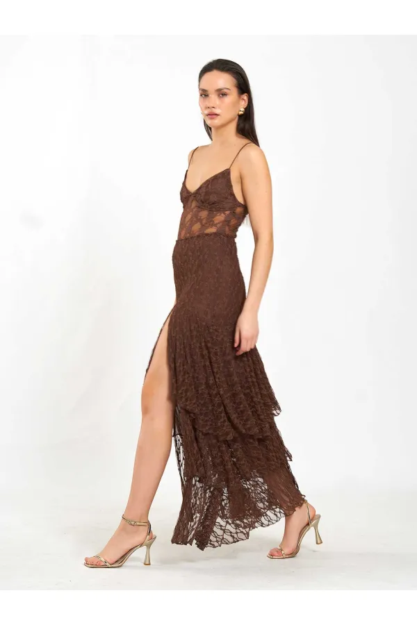 041177 Katlı Yırtmaçlı Dantel Etek