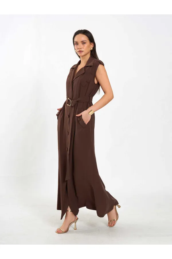 111702 Kolsuz Kendinden Kuşaklı Uzun Elbise