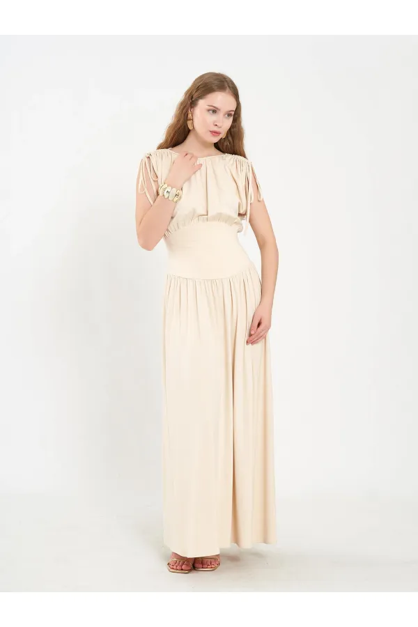 111691 Beli Korsajlı Uzun Elbise
