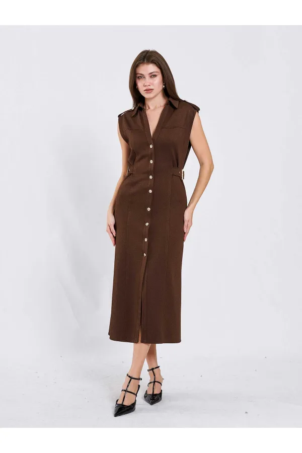 111636 Omzu Apoletli Örme Elbise