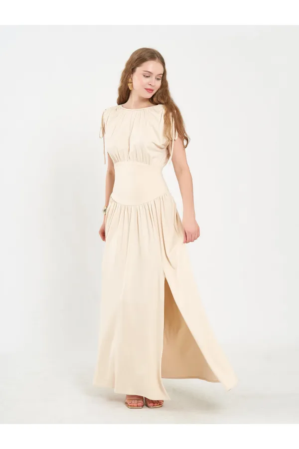 111691 Beli Korsajlı Uzun Elbise
