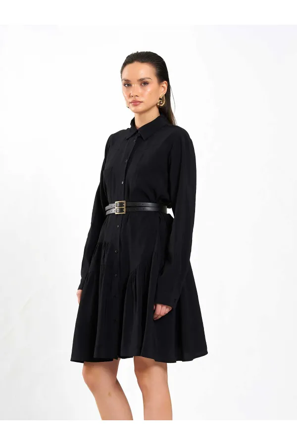 111703 Belted Ruffled Asymmetrical Dress