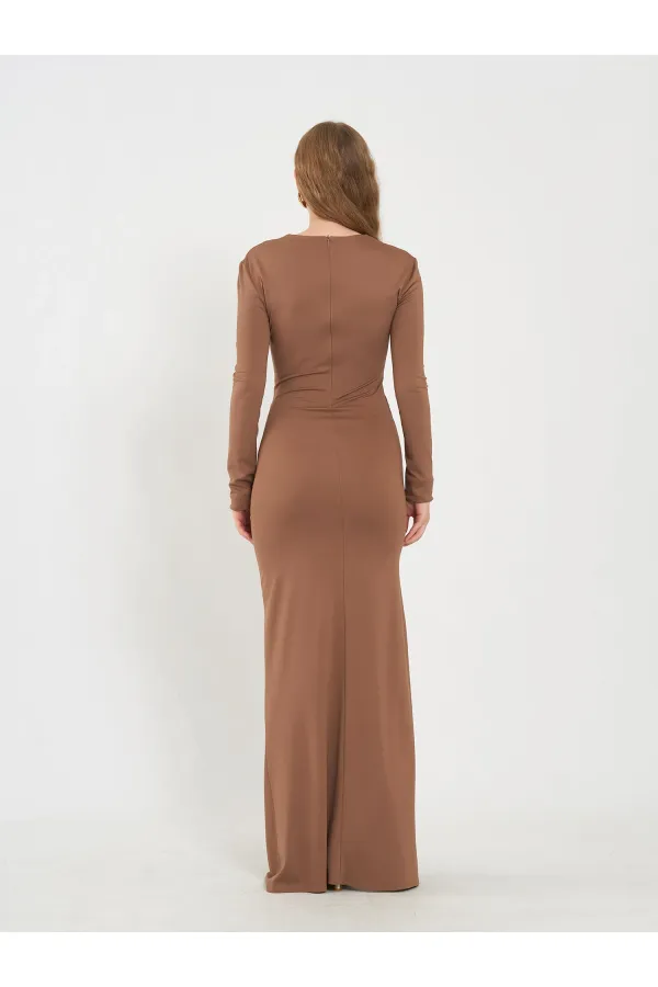 111694 Uzun Kollu Yırtmaçlı Elbise