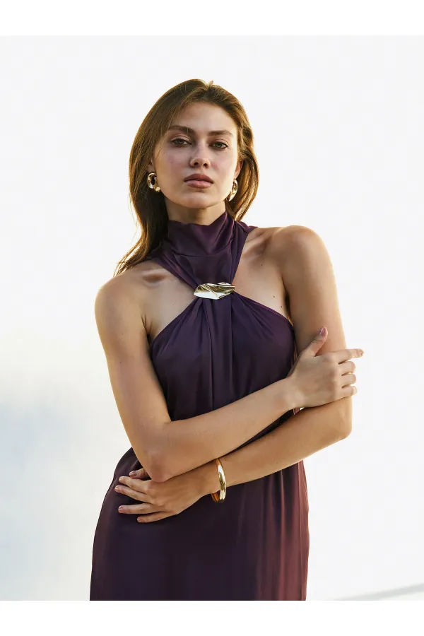 111631 Buckled Slit Long Satin Dress