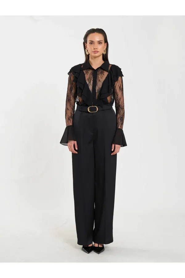 Pantalon droit satiné avec ceinture 031656