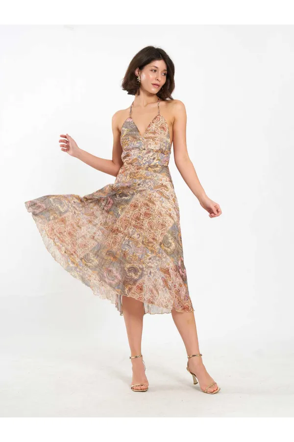 111708 Midi Length Backless Pleated Dress