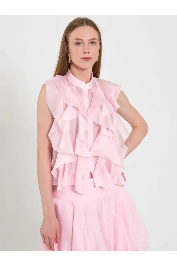 080774 Sleeveless Shirt with Ruffle Detail at Front