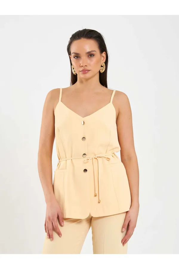 Gilet à col en V et ceinture à nouer à la taille 120743