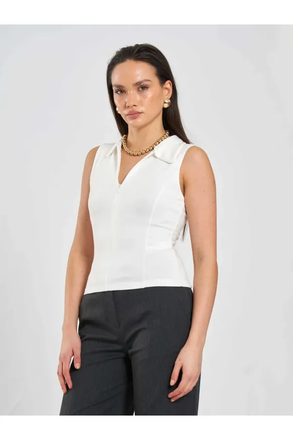 071894 Önü Fermuarlı Örme Kolsuz Body