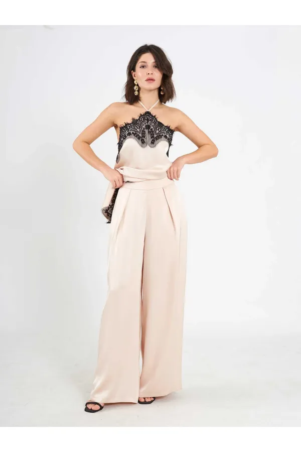 031649 Wide Pleated Satin Trousers