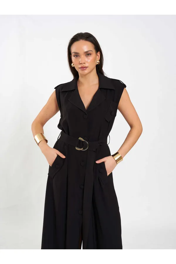 111702 Kolsuz Kendinden Kuşaklı Uzun Elbise