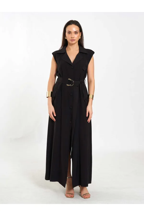 111702 Kolsuz Kendinden Kuşaklı Uzun Elbise