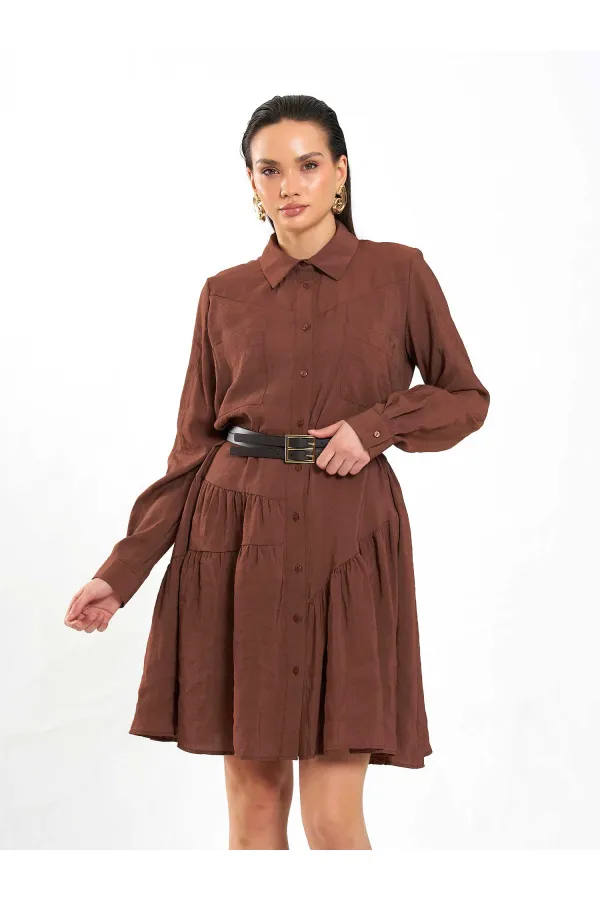 111703 Belted Ruffled Asymmetrical Dress