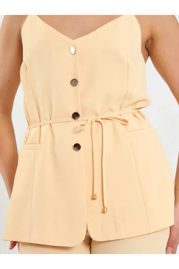 Gilet à col en V et ceinture à nouer à la taille 120743