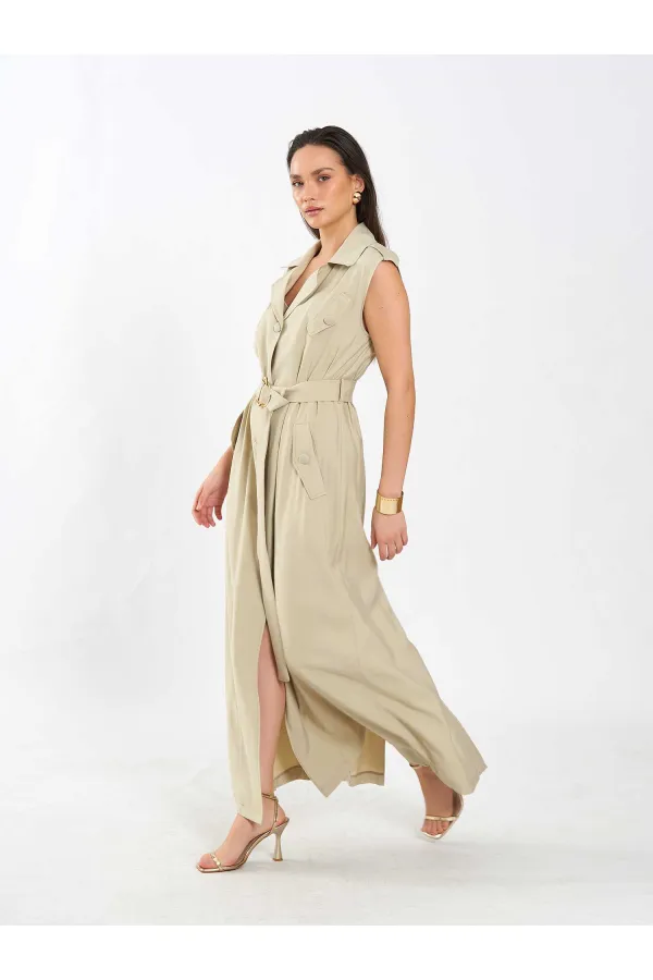 111702 Kolsuz Kendinden Kuşaklı Uzun Elbise