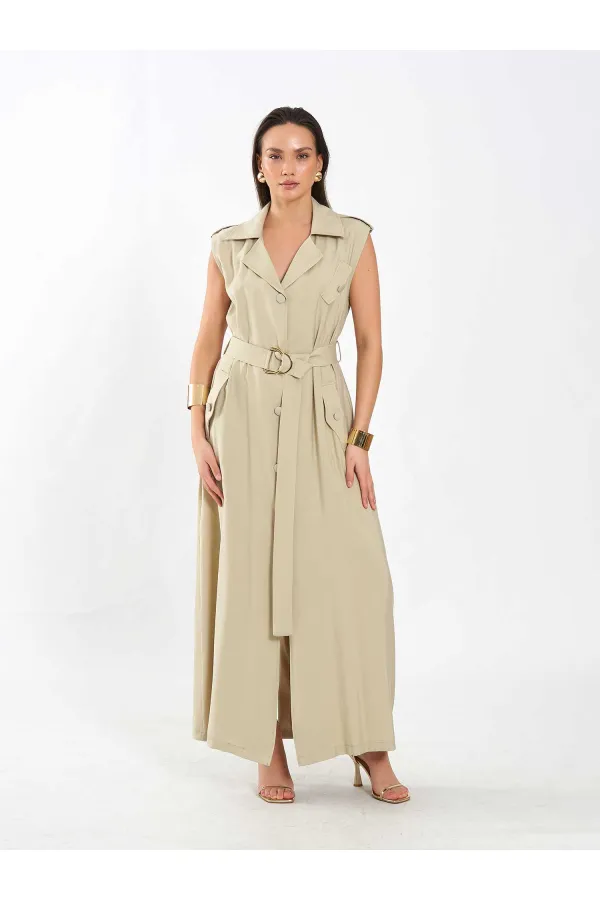 111702 Kolsuz Kendinden Kuşaklı Uzun Elbise