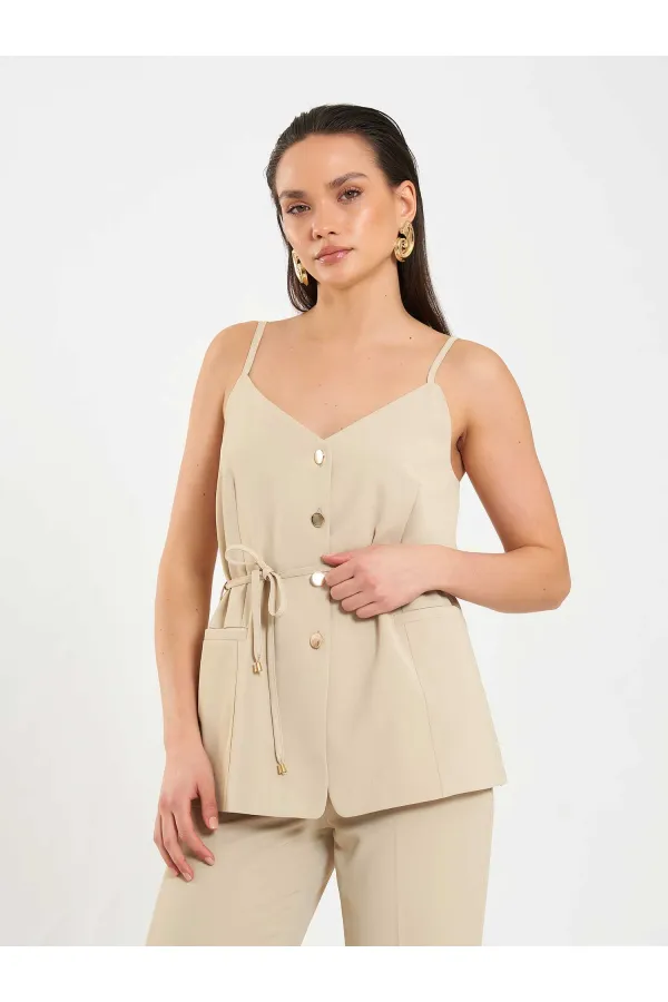 Gilet à col en V et ceinture à nouer à la taille 120743