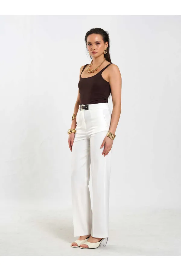031653 Straight Cut Trousers with Belt Detail