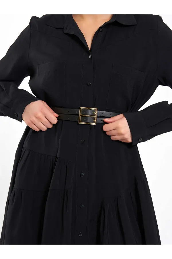 111703 Belted Ruffled Asymmetrical Dress