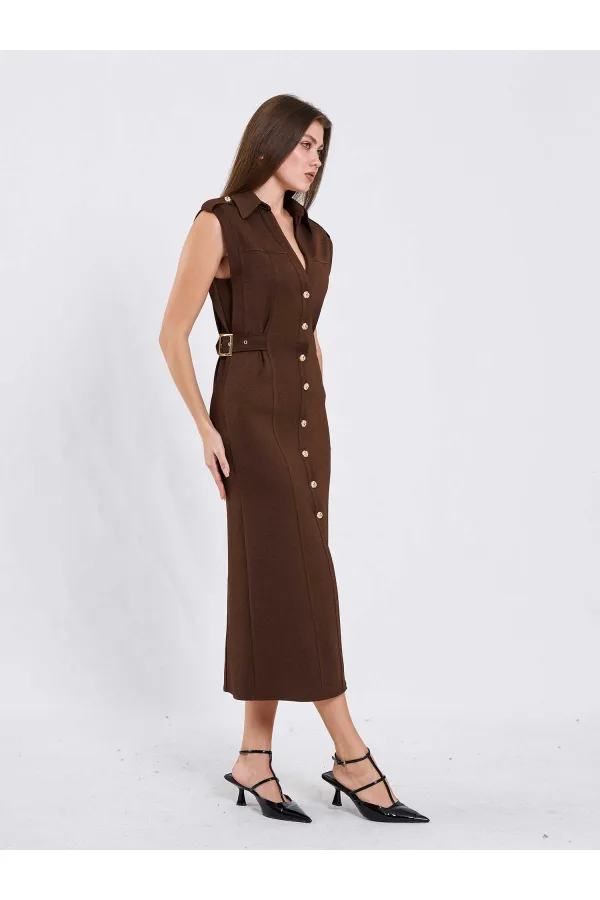 111636 Omzu Apoletli Örme Elbise