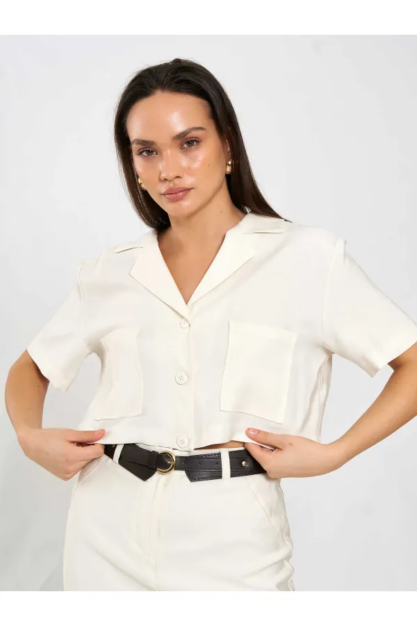 080801 Kısa Kollu Crop Cepli Gömlek