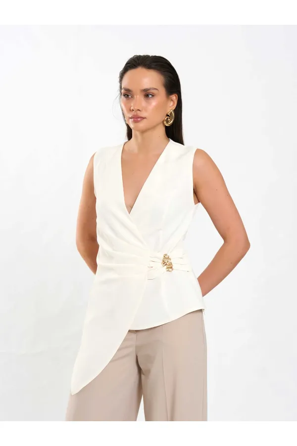 071892 Tokalı V Yaka Asimetrik Bluz