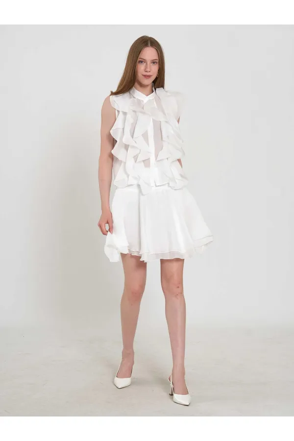 080774 Sleeveless Shirt with Ruffle Detail at Front