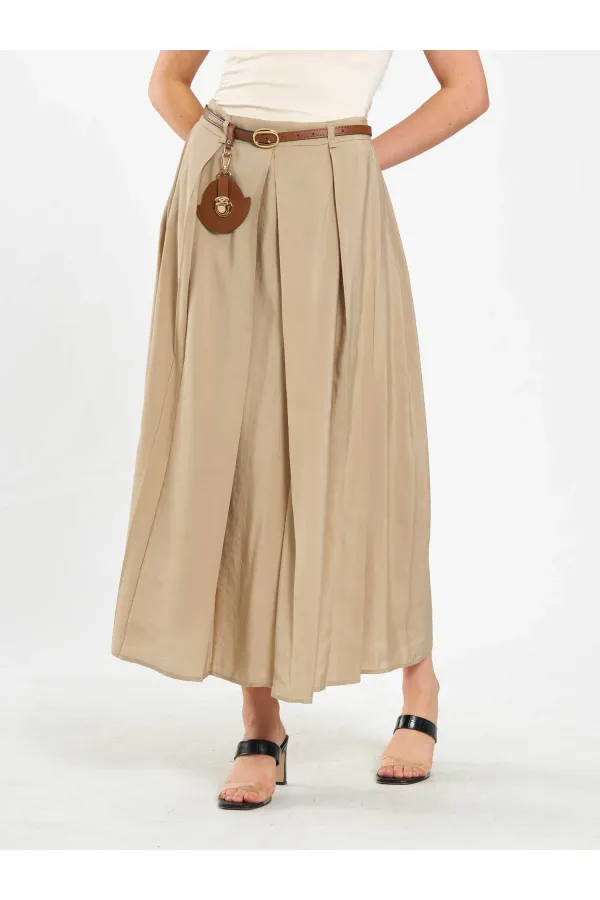 041164 A Pileli Kemerli Midi Etek