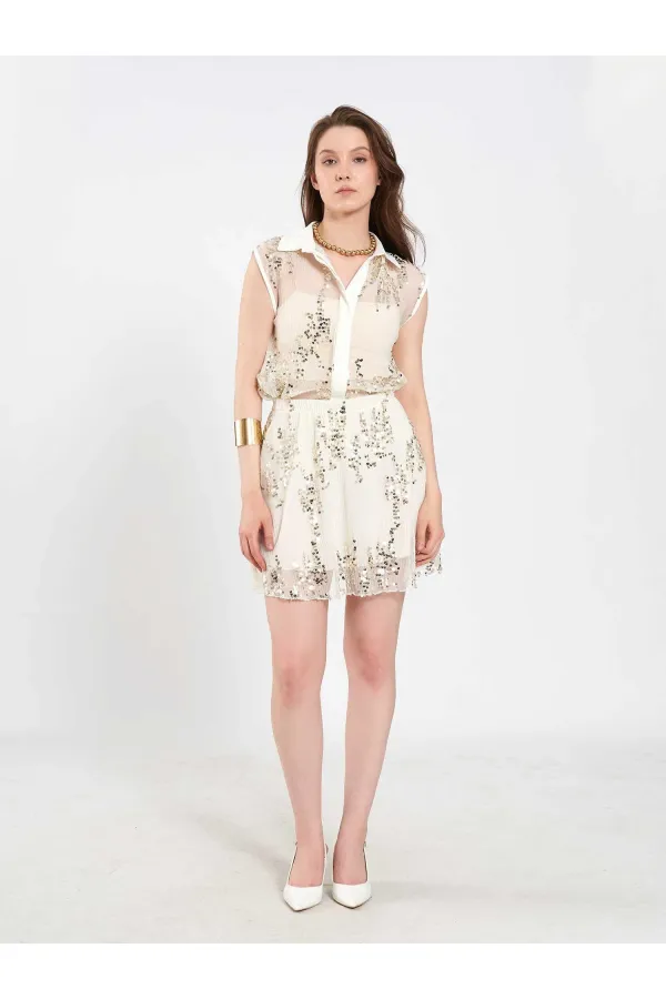 Chemise sans manches à sequins et ornements 080821