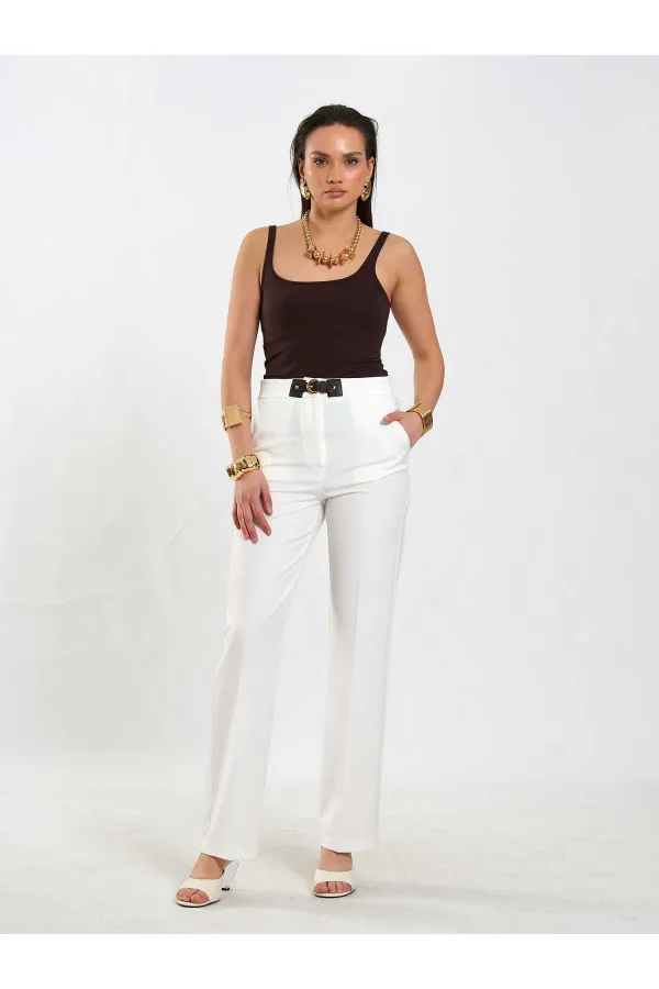 031653 Straight Cut Trousers with Belt Detail
