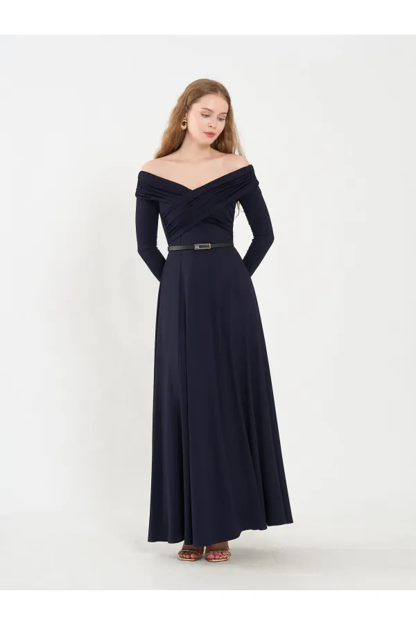 111690 Düşük Omuzlu Drapeli Elbise
