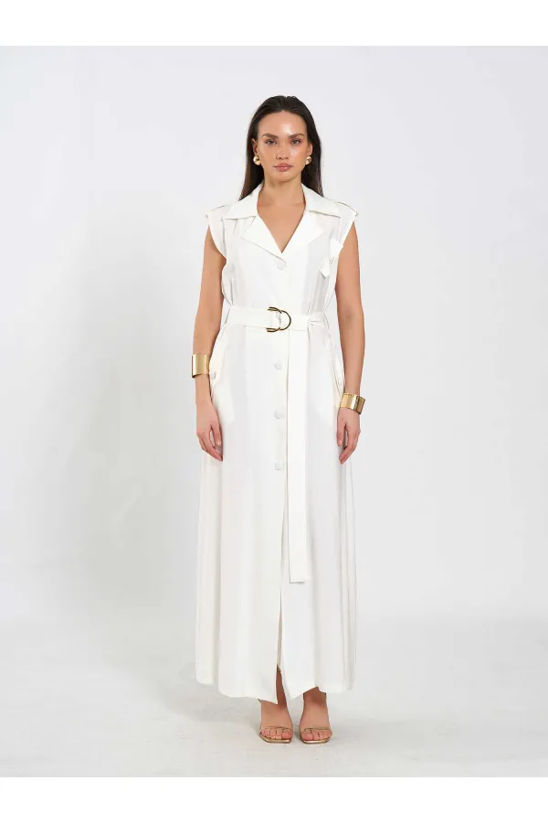 111702 Sleeveless Long Dress with Self-Belt