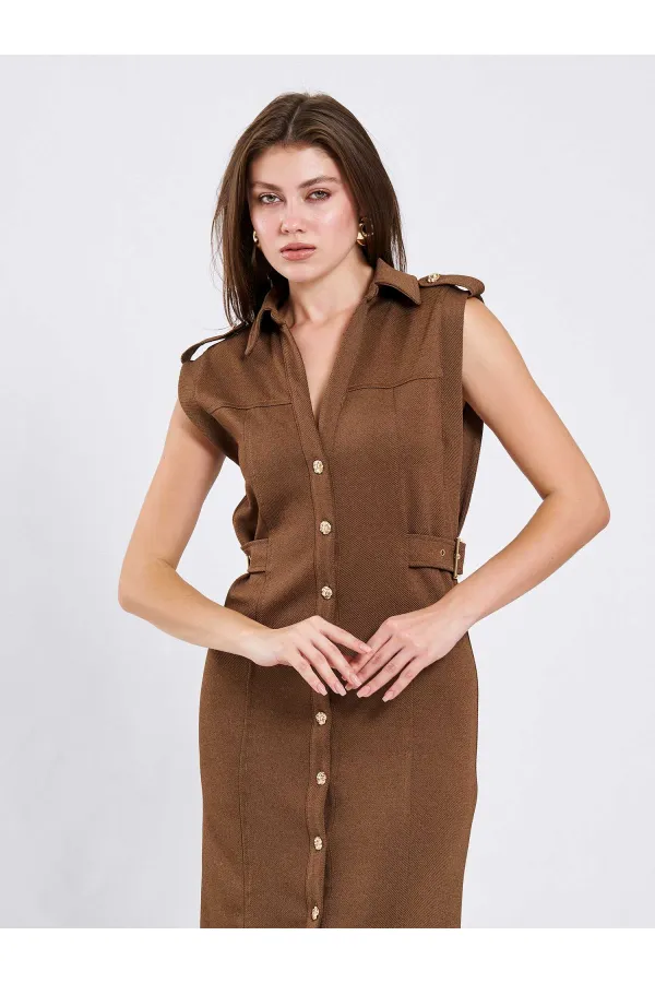 111636 Omzu Apoletli Örme Elbise