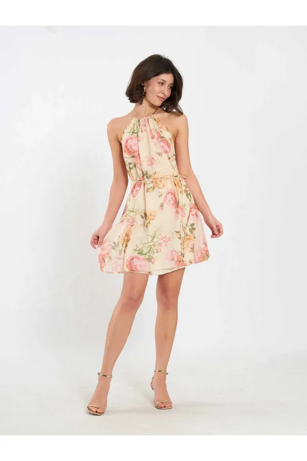 111704 Dik Yaka Desenli Mini Elbise