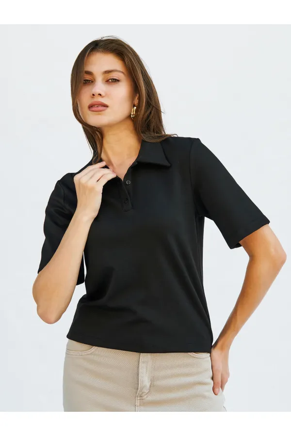 071824 Vatkalı Polo Yaka Bluz