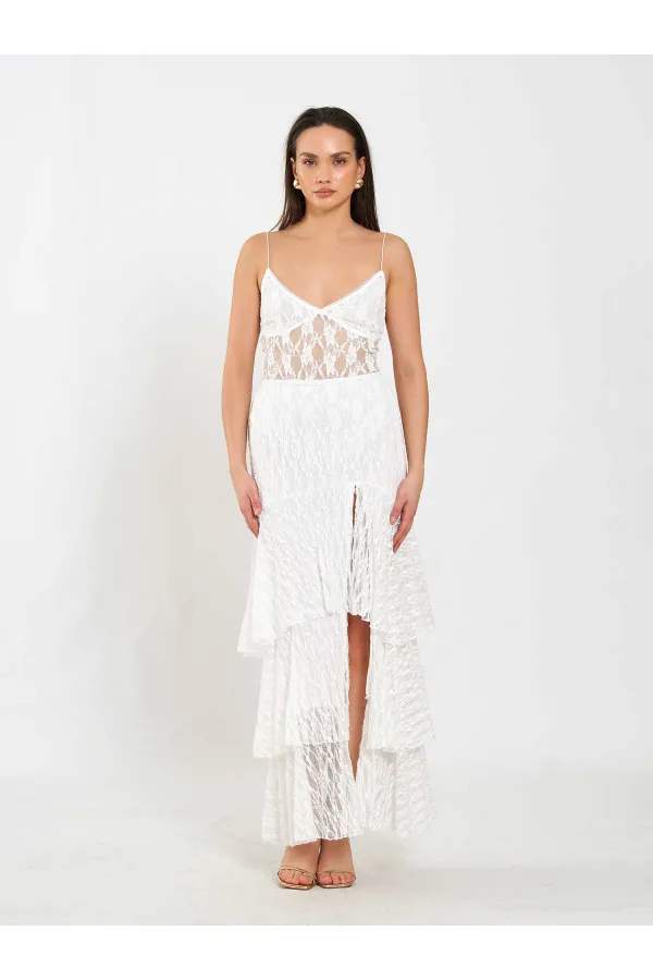 041177 Katlı Yırtmaçlı Dantel Etek