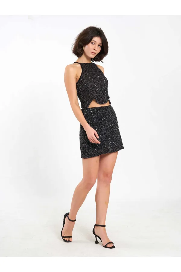 Jupe courte à sequins en forme de cloche (041184)