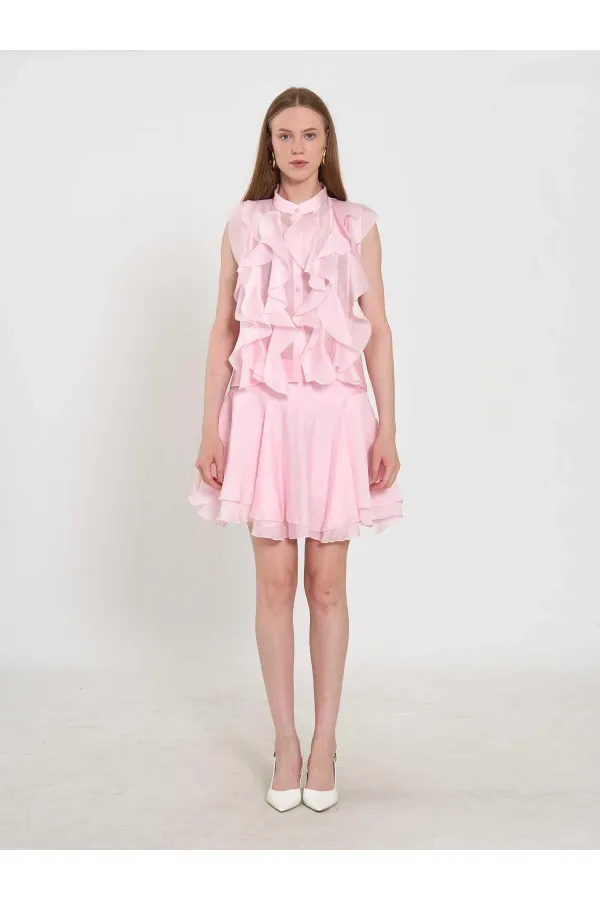 080774 Sleeveless Shirt with Ruffle Detail at Front