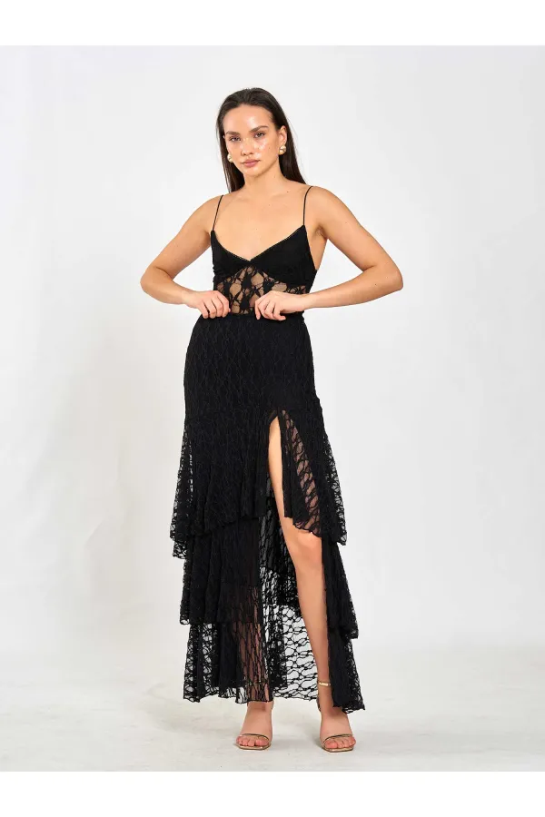 041177 Katlı Yırtmaçlı Dantel Etek