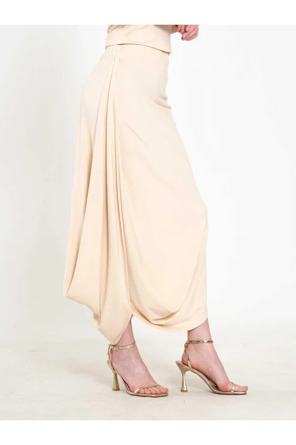 041197 Elastic Waist Asymmetrical Midi Skirt