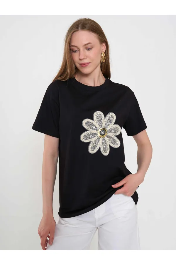 050740 T145 Crew Neck Knitted Floral Print T-Shirt