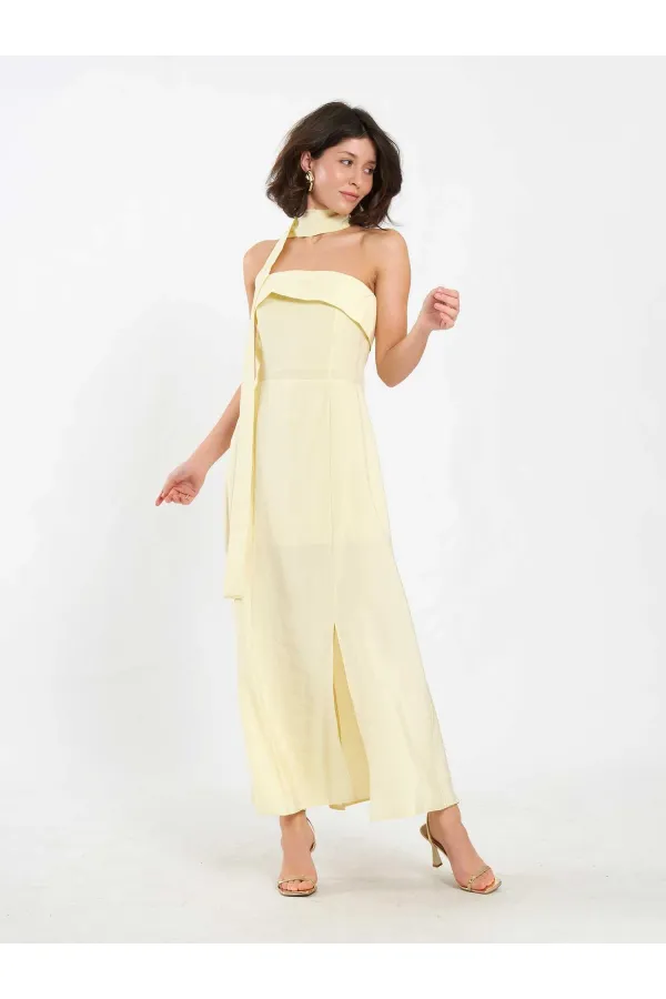 111706 Straplez Yırtmaçlı Elbise