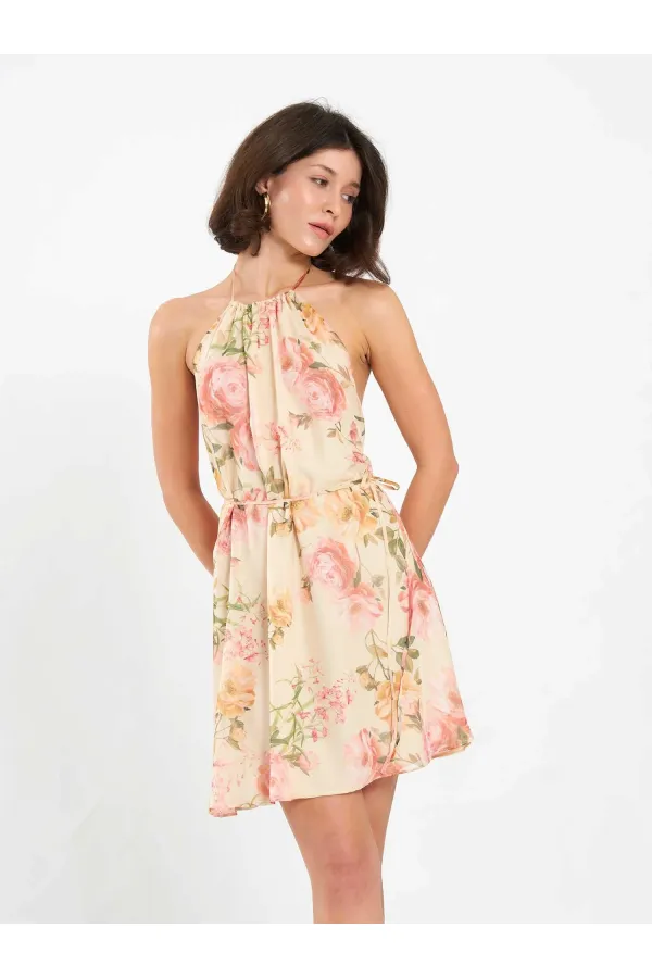 111704 Dik Yaka Desenli Mini Elbise