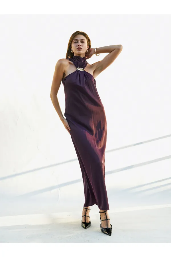 111631 Buckled Slit Long Satin Dress