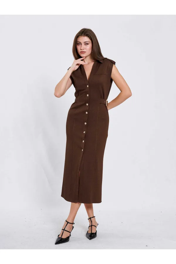 111636 Omzu Apoletli Örme Elbise